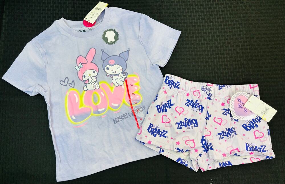 Lot of Two XL Girl Clothes, Kuromi Melody Shirt, Bratz Shorts, Purple Pink